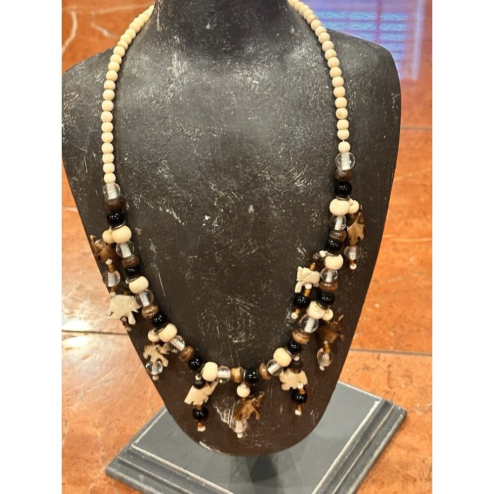 ELEPHANT CARVED CREAM BLACK GLASS BEADS 20" STATEMENT Necklace SAFARI BOHO EU